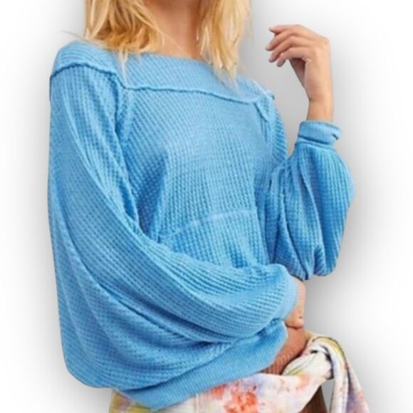 Free People We The Free Westend Thermal Top Blue Oversize Drop Shoulder Medium - Picture 13 of 14